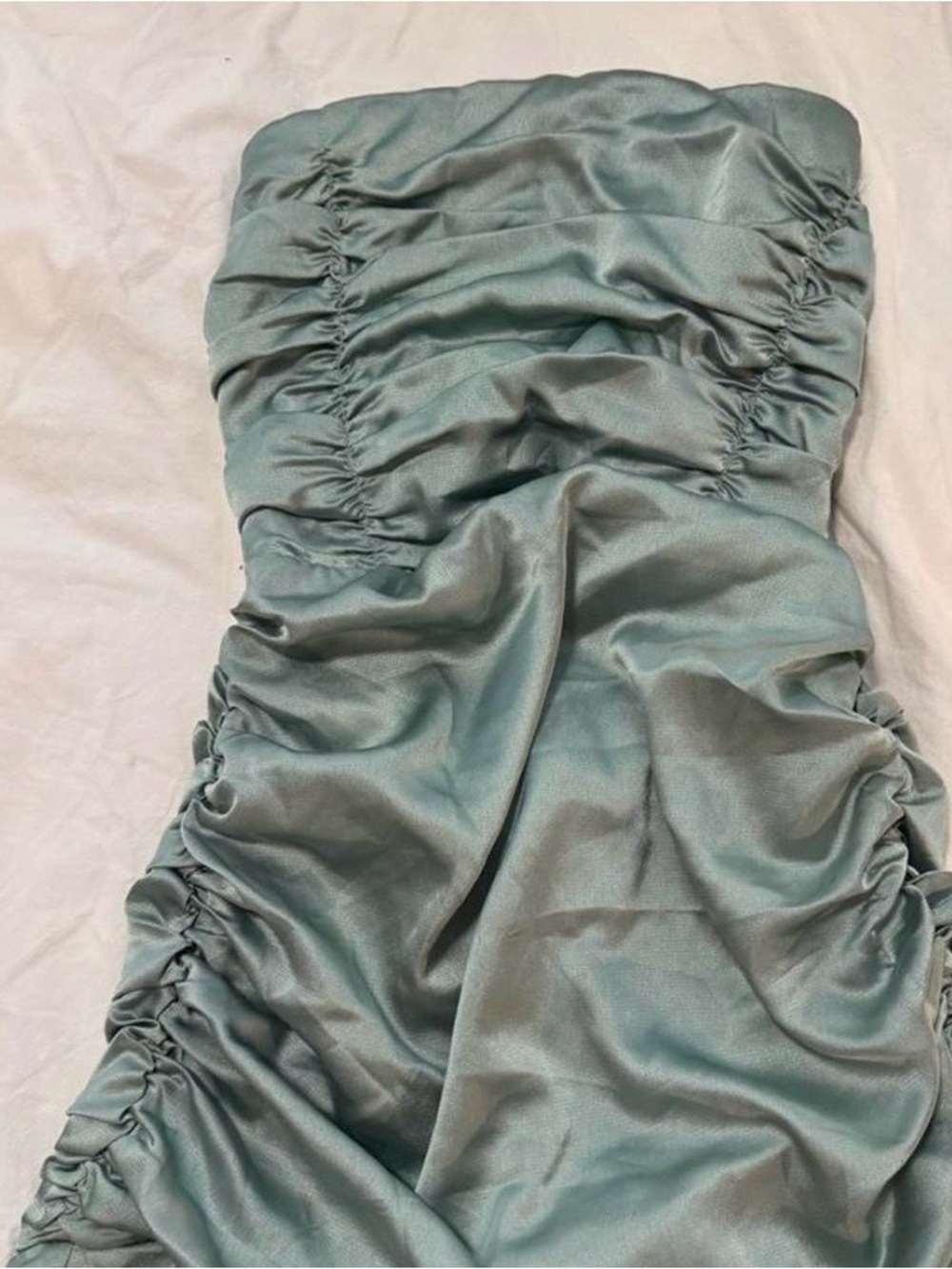 NWT Lucy in the Sky Strapless Ruched Satin Dress in Seafoam
